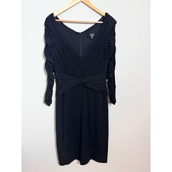 TADASHI Black Long Ruched Sleeve Deep V Neck Draped Evening  sheath Dress size L - Picture 1 of 7